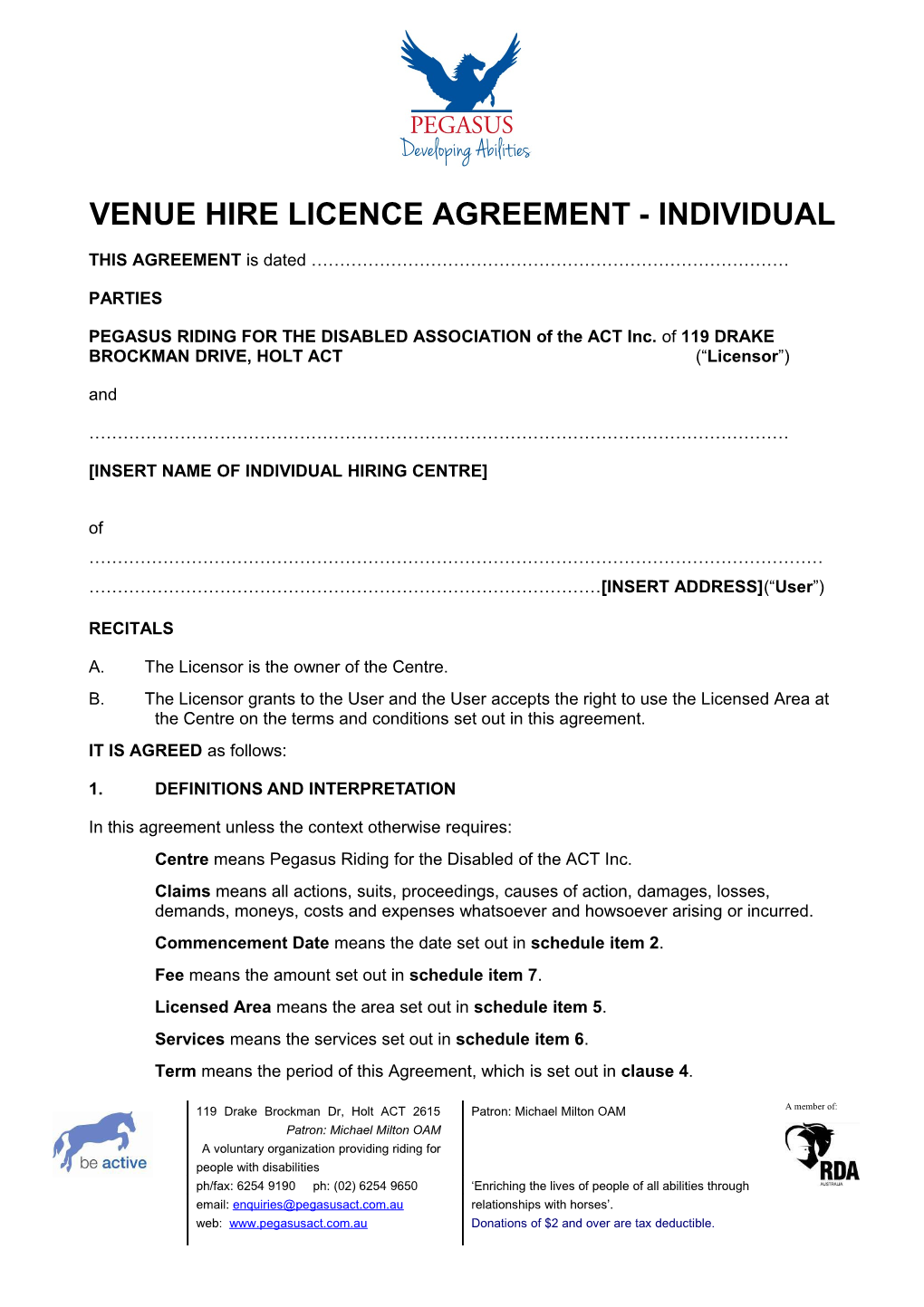 Venue Hire Licence Agreement - Individual