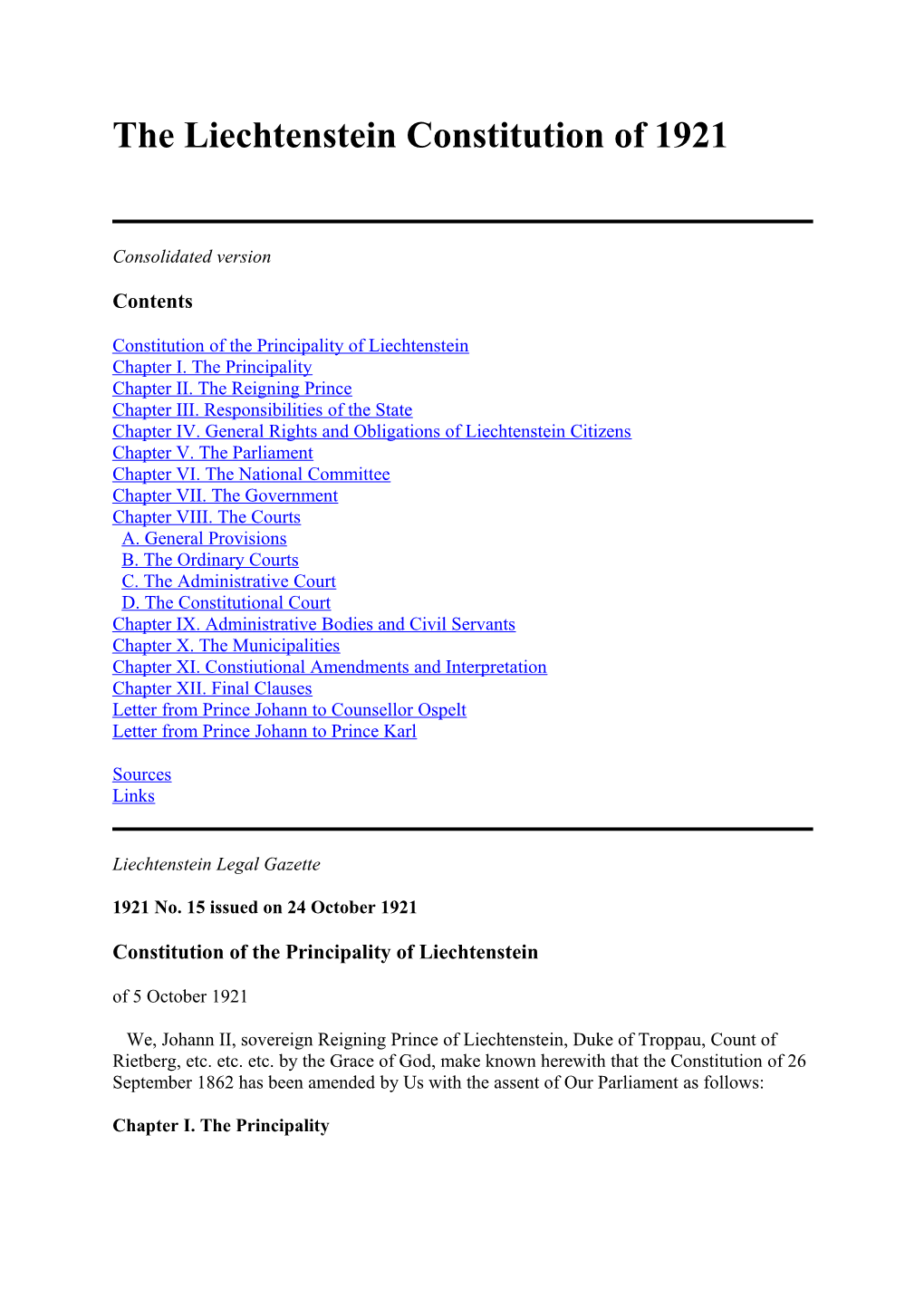 The Liechtenstein Constitution of 1921