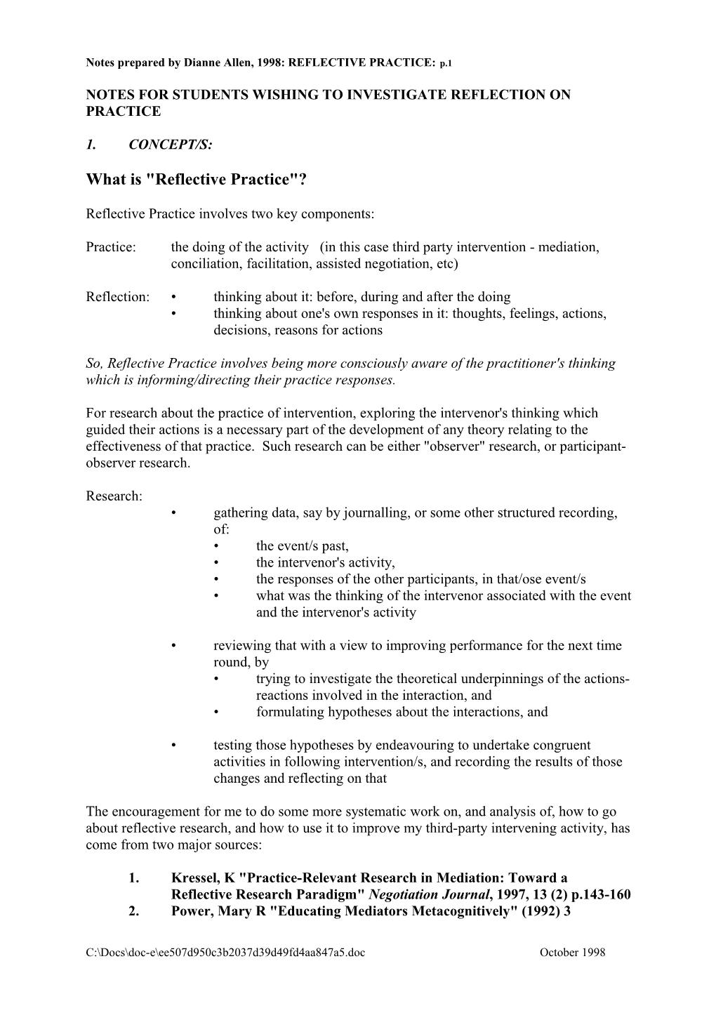 Notes for Students Wishing to Investigate Reflection on Practice
