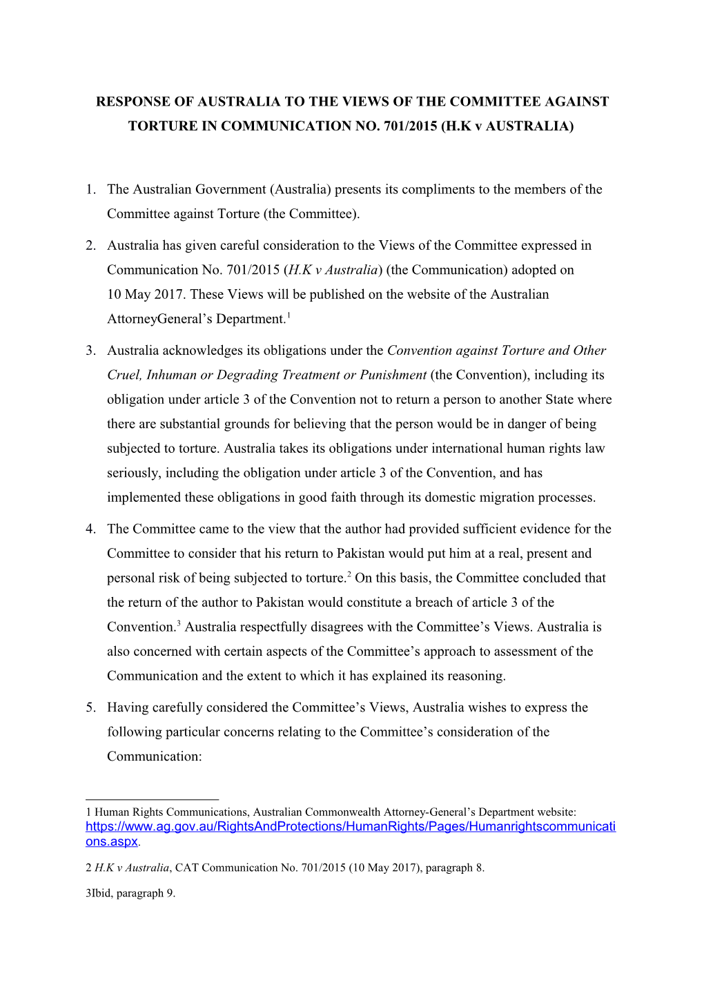 Response of Australia to the Views of the Committee Against Torture in Communication No