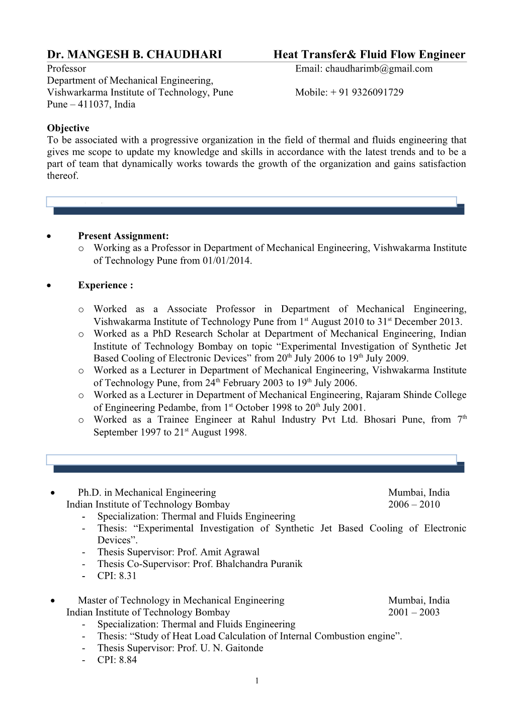 Dr. MANGESH B. CHAUDHARI Heat Transfer Fluid Flow Engineer