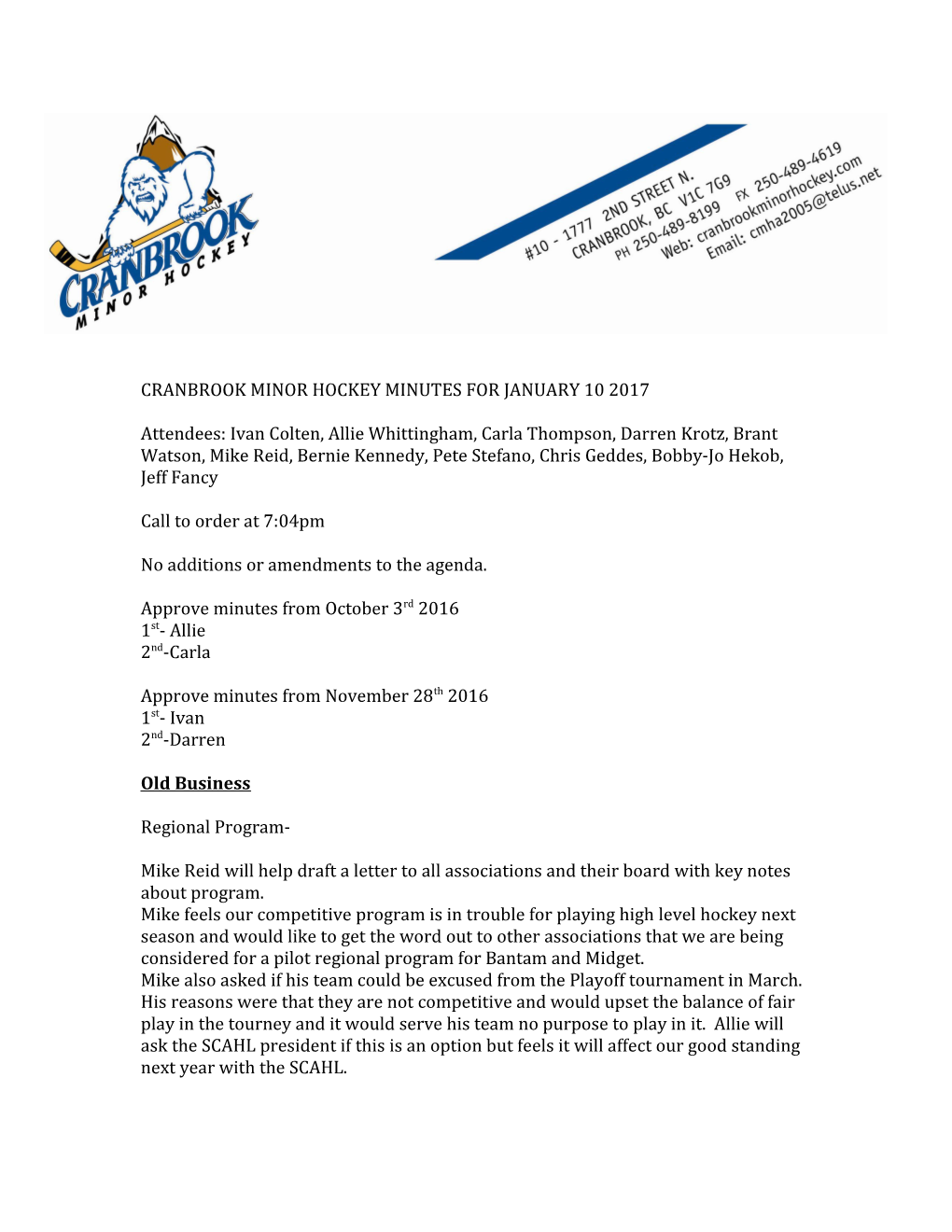 Cranbrook Minor Hockey Minutes for January 10 2017