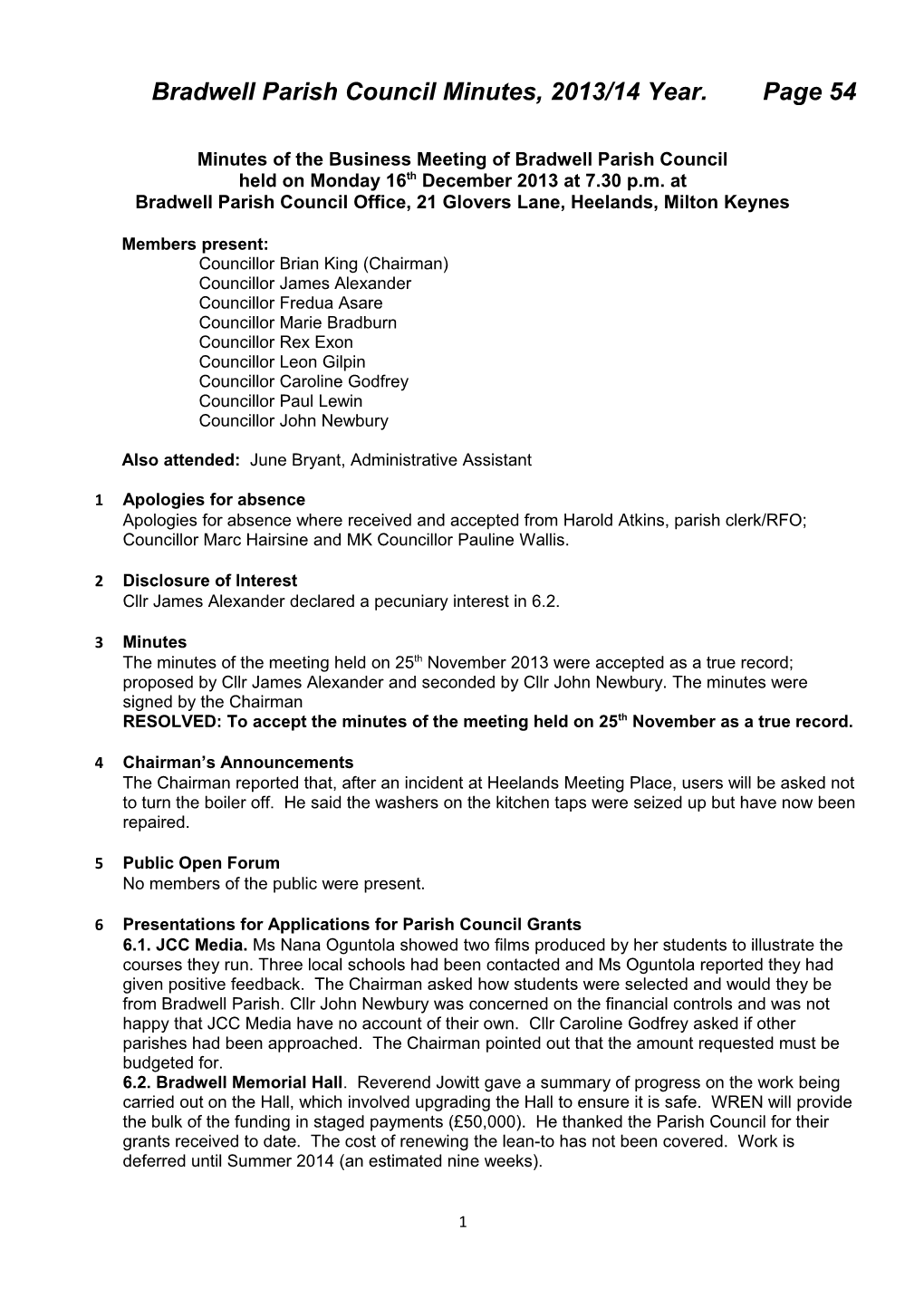 Bradwell Parish Council Minutes, 2013/14 Year. Page 54