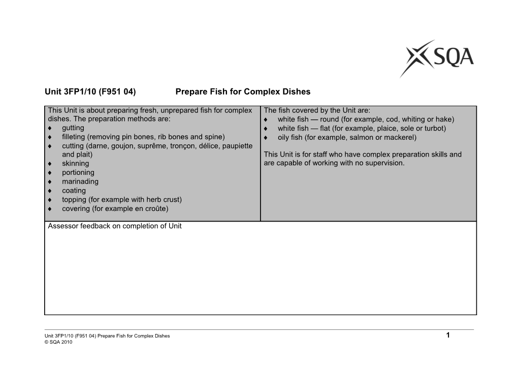 Unit 3FP1/10 (F951 04)Prepare Fish for Complex Dishes