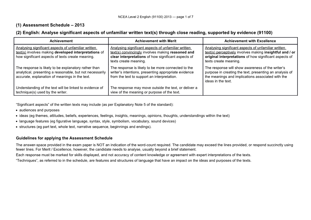 NCEA Level 2 English (91100) 2013 Assessment Schedule