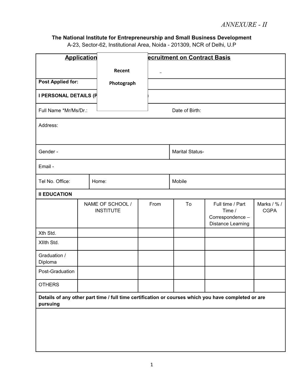 Application Form for Recruitment on Deputation