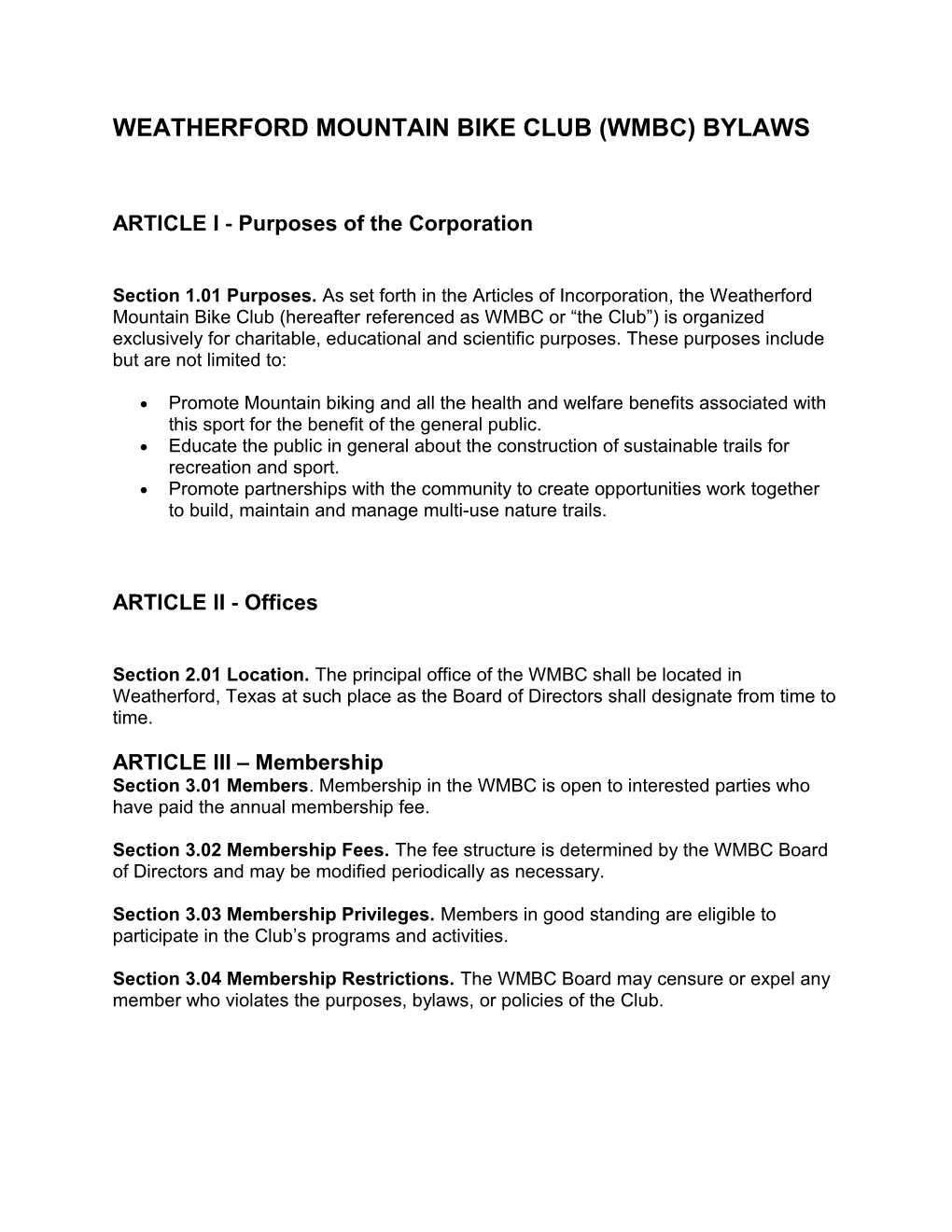 Weatherford Mountain Bike Club (Wmbc) Bylaws