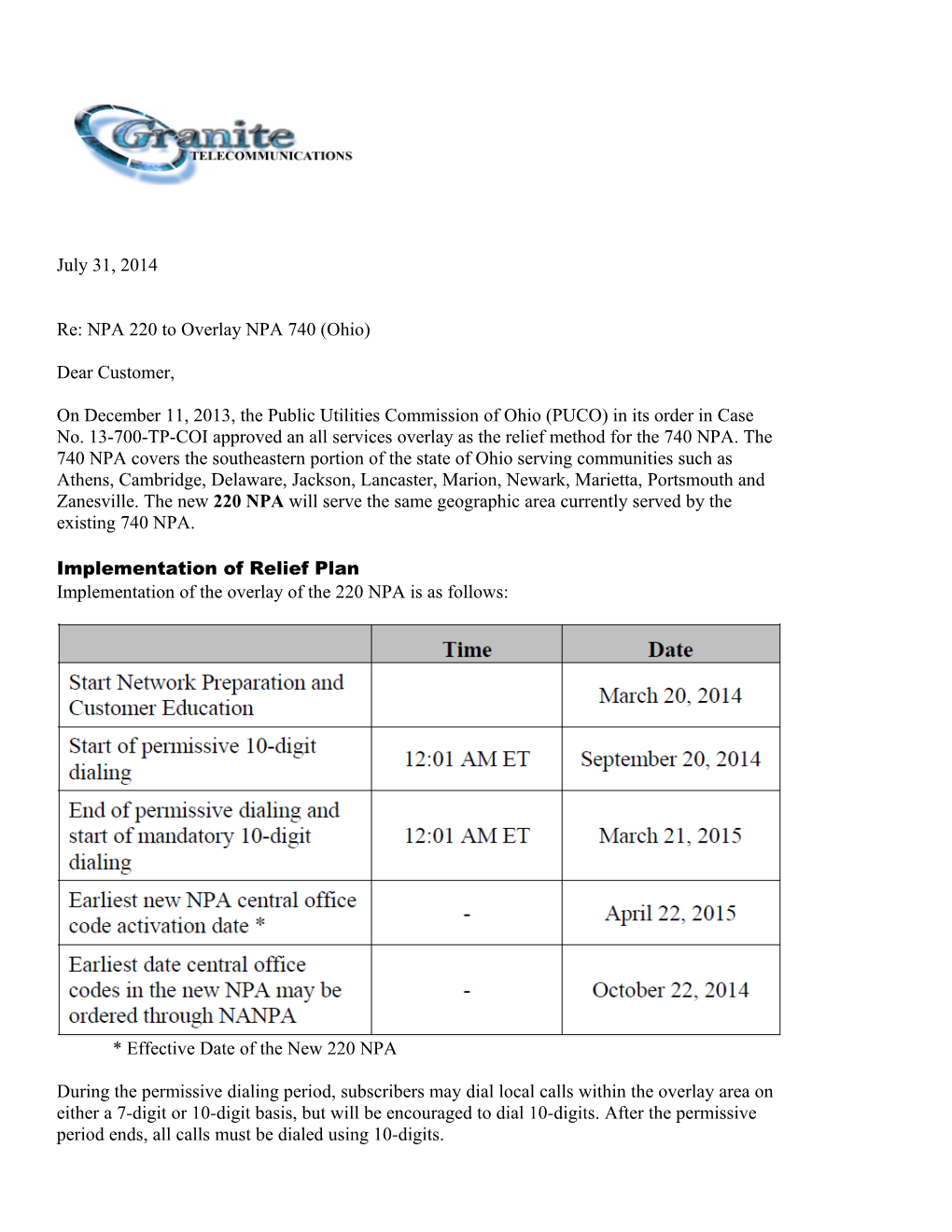 Re: NPA 220 to Overlay NPA 740 (Ohio)