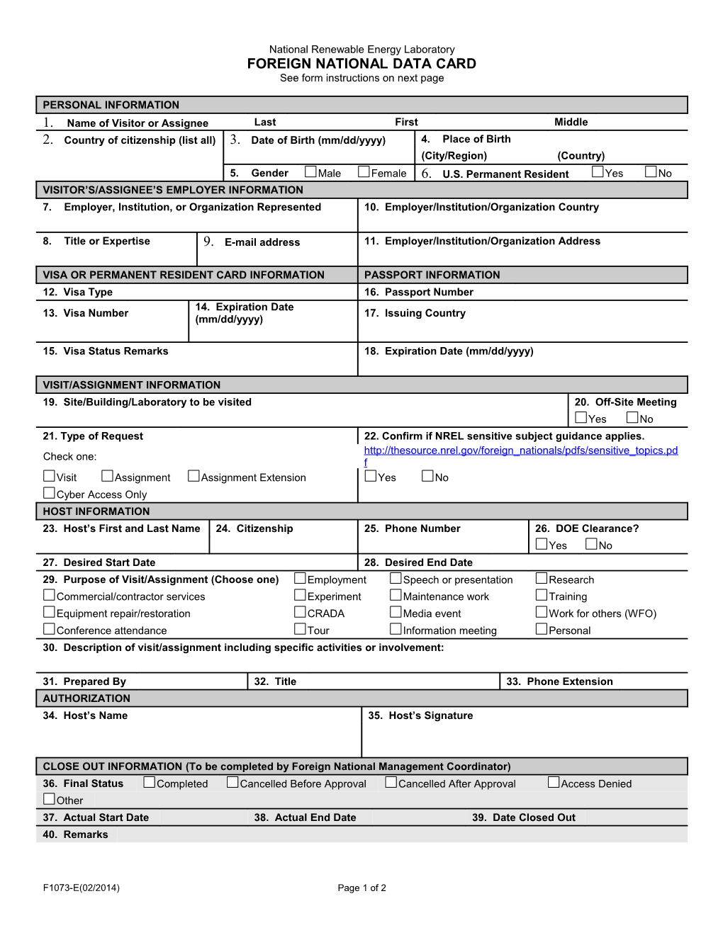 Foreign National Data Card