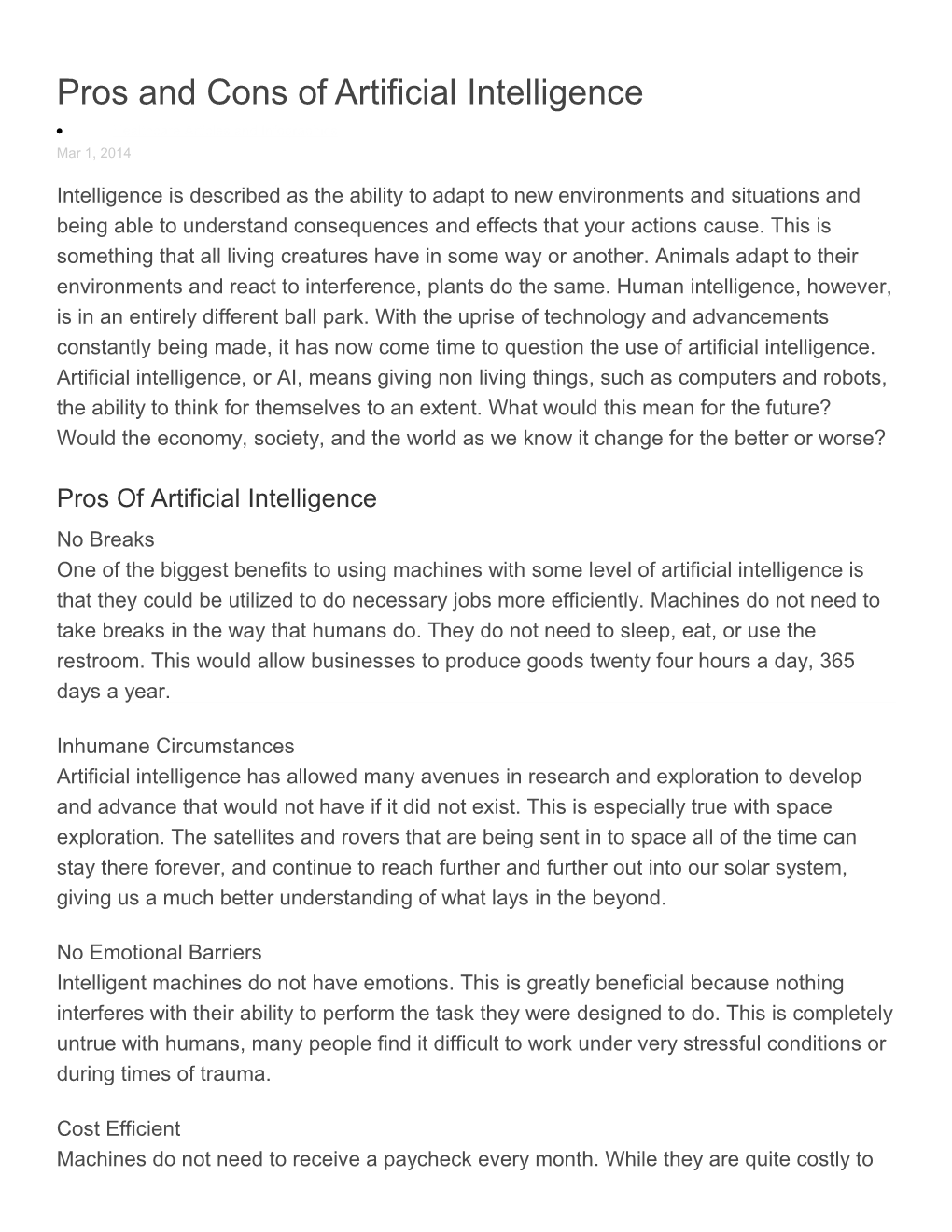 Pros and Cons of Artificial Intelligence