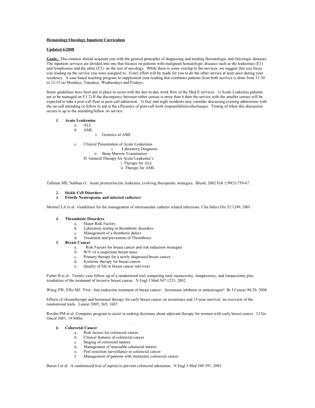 Hematology/Oncology Inpatient Curriculum