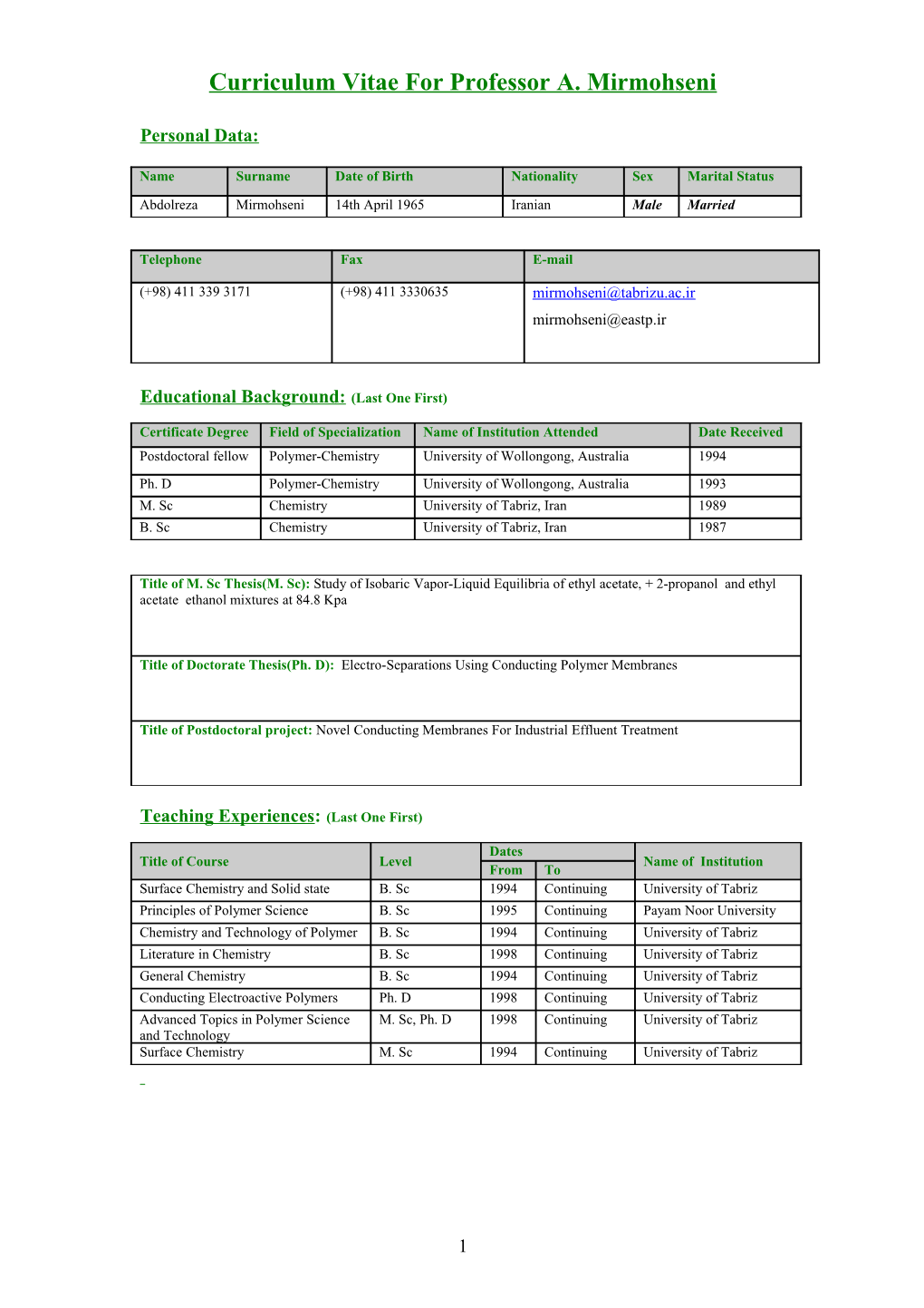 Curriculum Vitae for Professor A. Mirmohseni