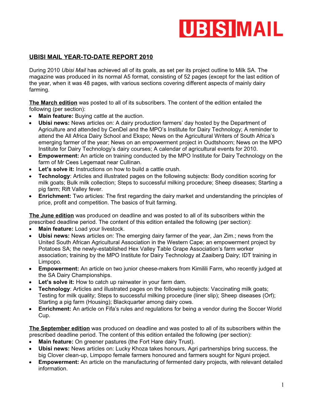 Ubisi Mail Year-To-Date Report 2010