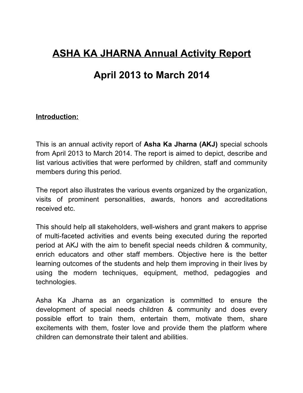 ASHA KA JHARNA Annual Activity Report