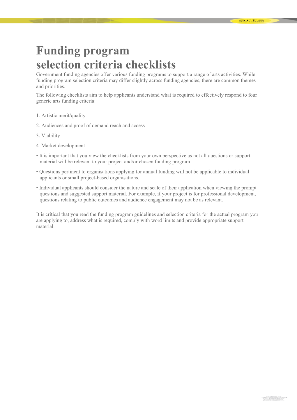 Funding Program Selection Criteria Checklists