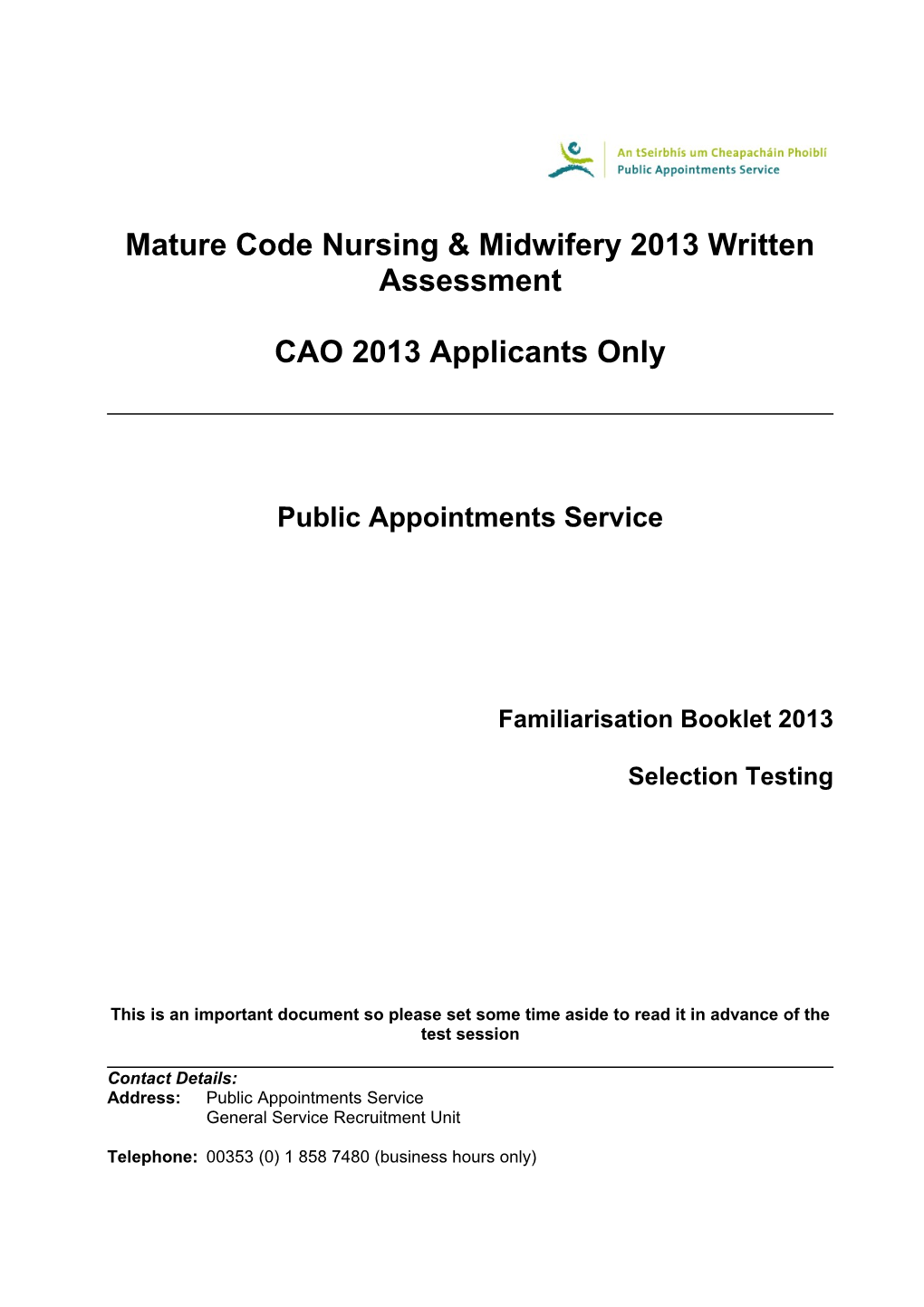Mature Code Nursing & Midwifery 2013 Written Assessment