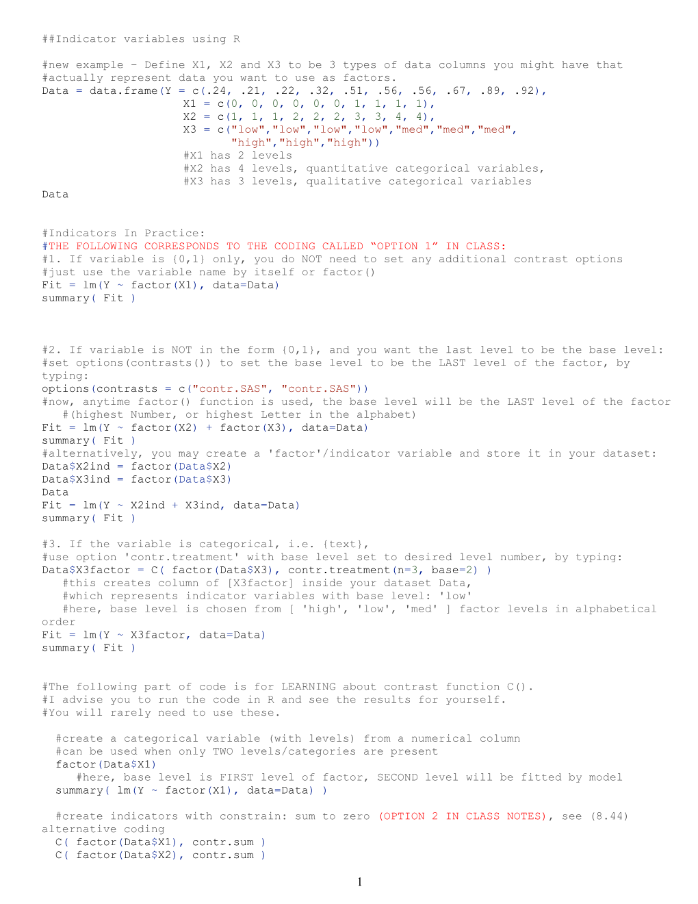 R Code for Indicator Variables