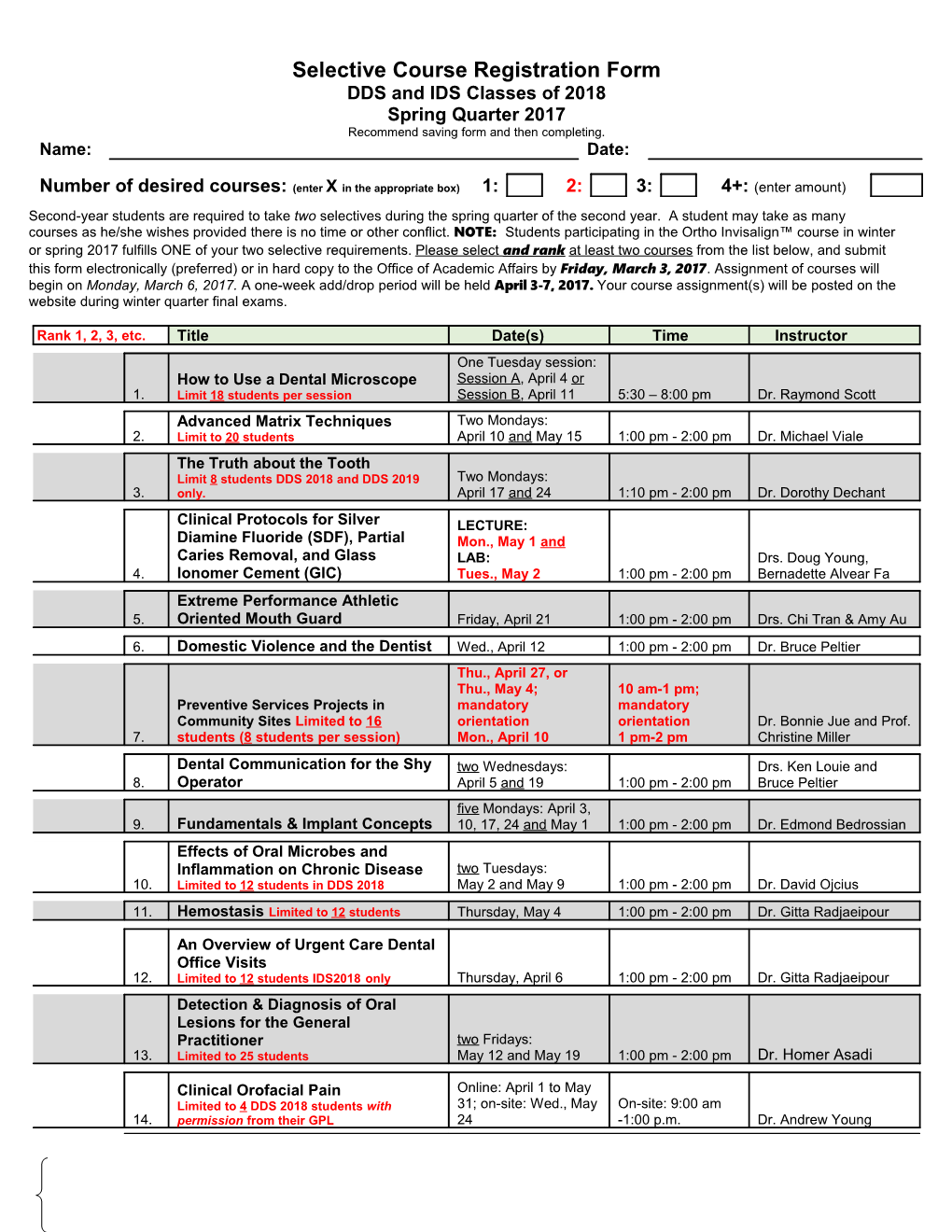 Selective Course Registration Form