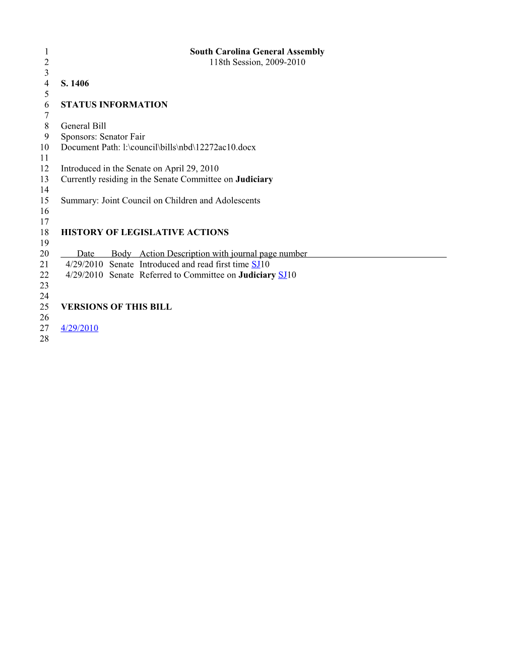 2009-2010 Bill 1406: Joint Council on Children and Adolescents - South Carolina Legislature
