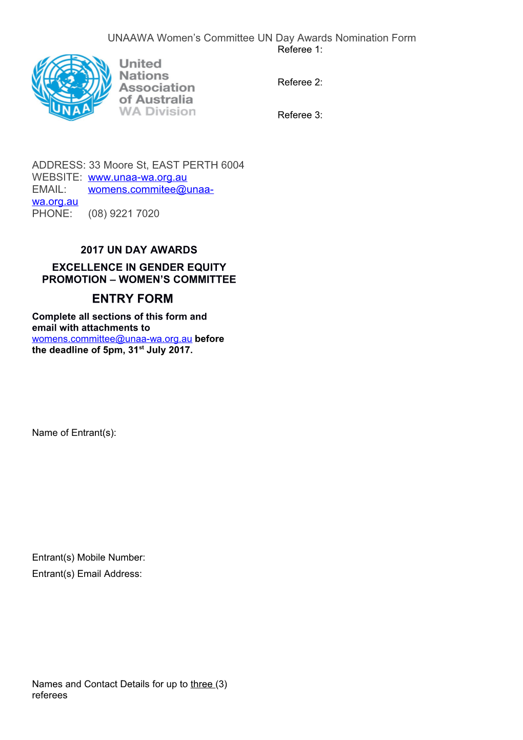 UNAAWA Women S Committee UN Day Awards Nomination Form