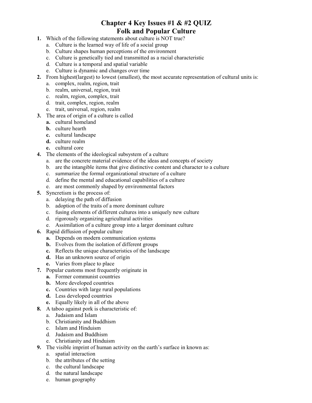 Chapter 4 Key Issues #1 & #2 QUIZ