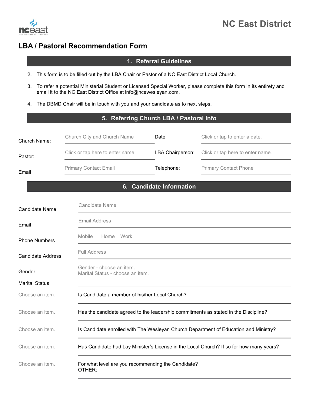 LBA / Pastoral Recommendation Form