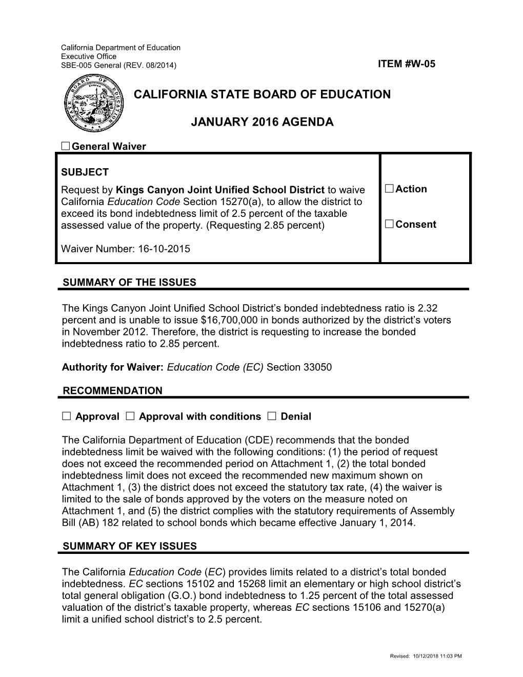 January 2016 Waiver Item W-05 - Meeting Agendas (CA State Board of Education)
