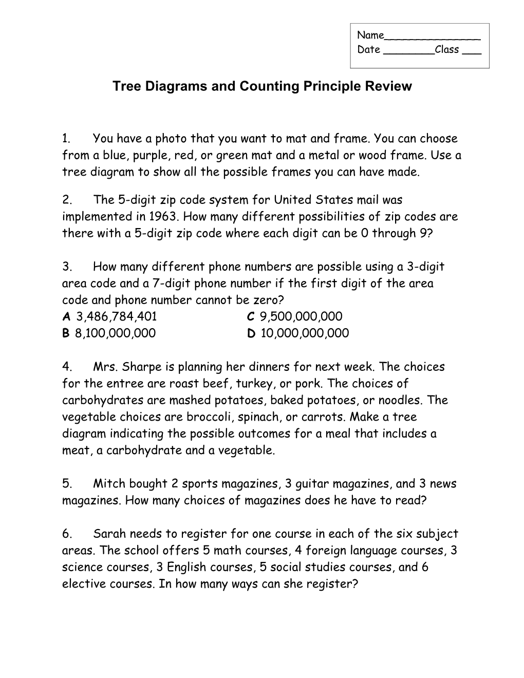 Tree Diagrams and Counting Principle Review