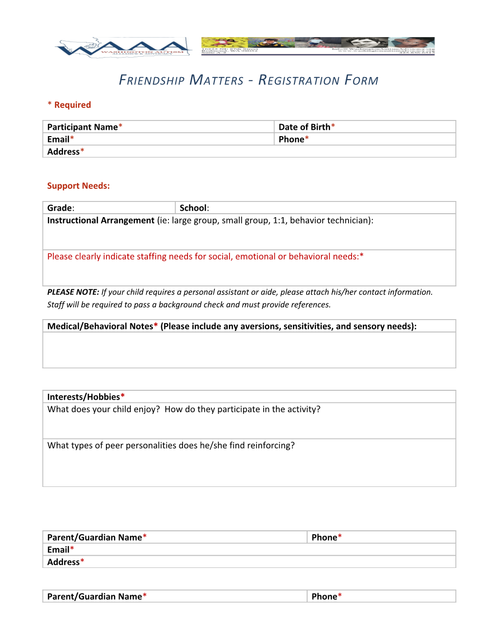 Friendship Matters - Registration Form