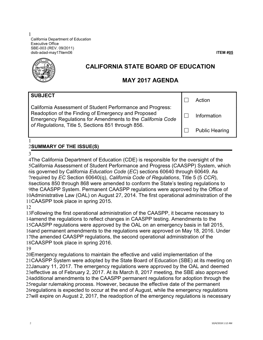 May 2017 Agenda Item 05 - Meeting Agendas (CA State Board of Education)