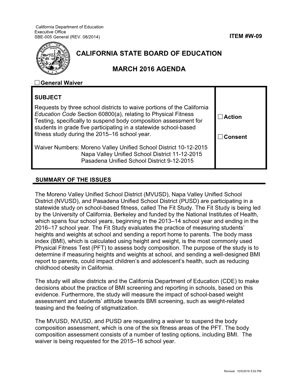 March 2016 Waiver Item W-09 - Meeting Agendas (CA State Board of Education)