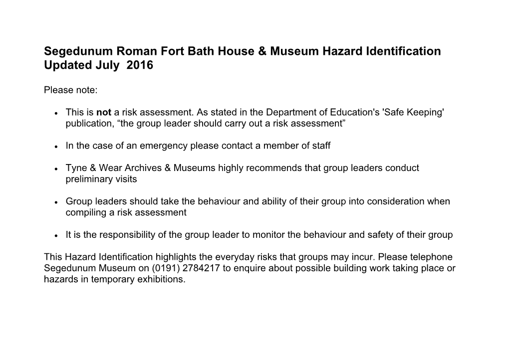 Segedunum Roman Fort Bath House & Museum Hazard Identification