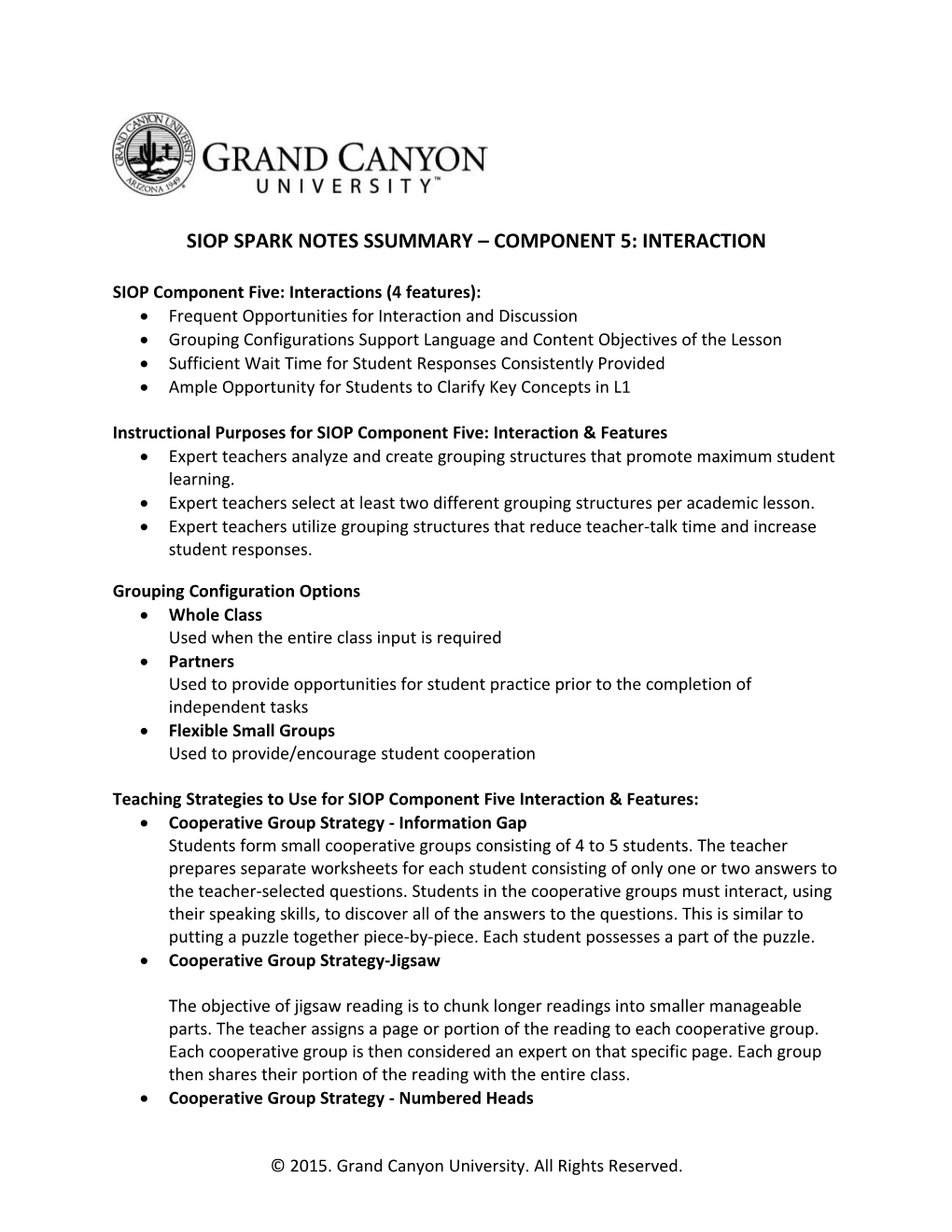 Siop Spark Notes Ssummary Component 5: Interaction