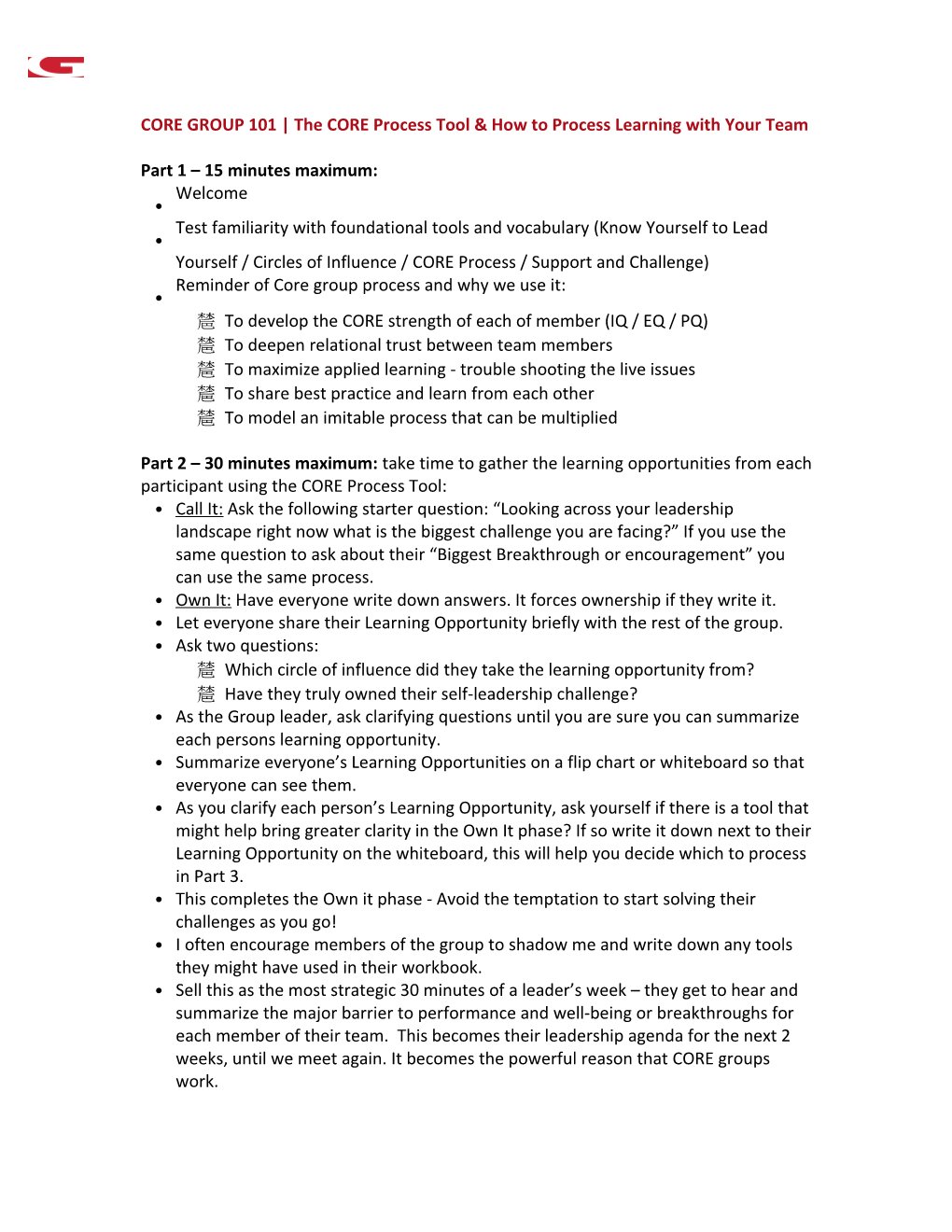 CORE GROUP101 the CORE Process Tool & How to Process Learning with Your Team