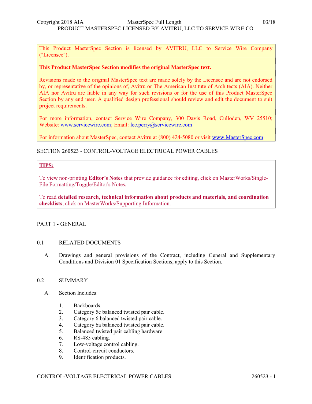 Section 260523 - Control-Voltage Electrical Power Cables