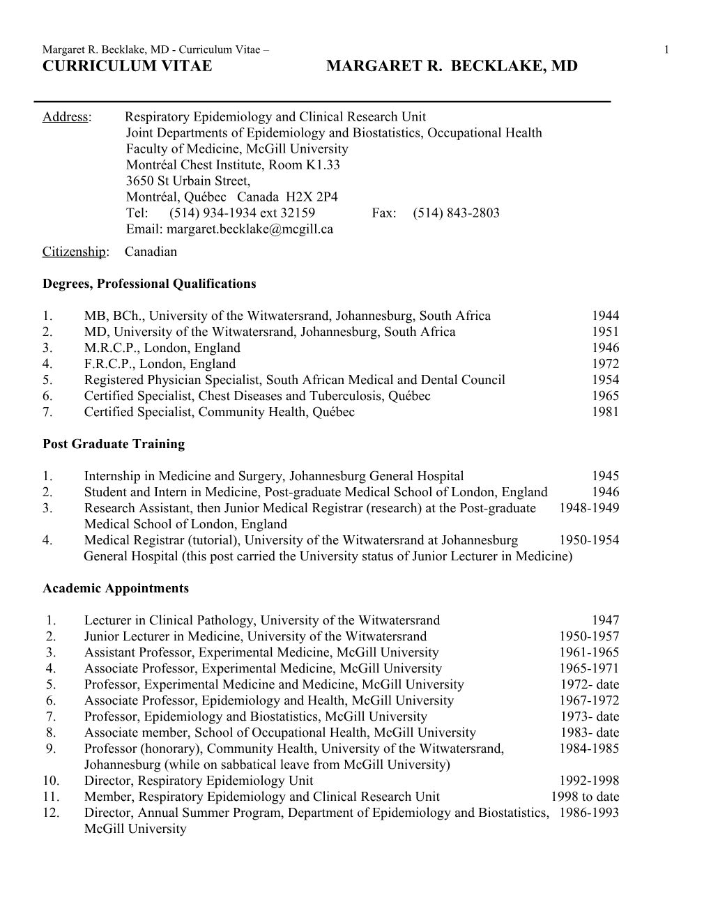 Curriculum Vitae Margaret R. Becklake, Md