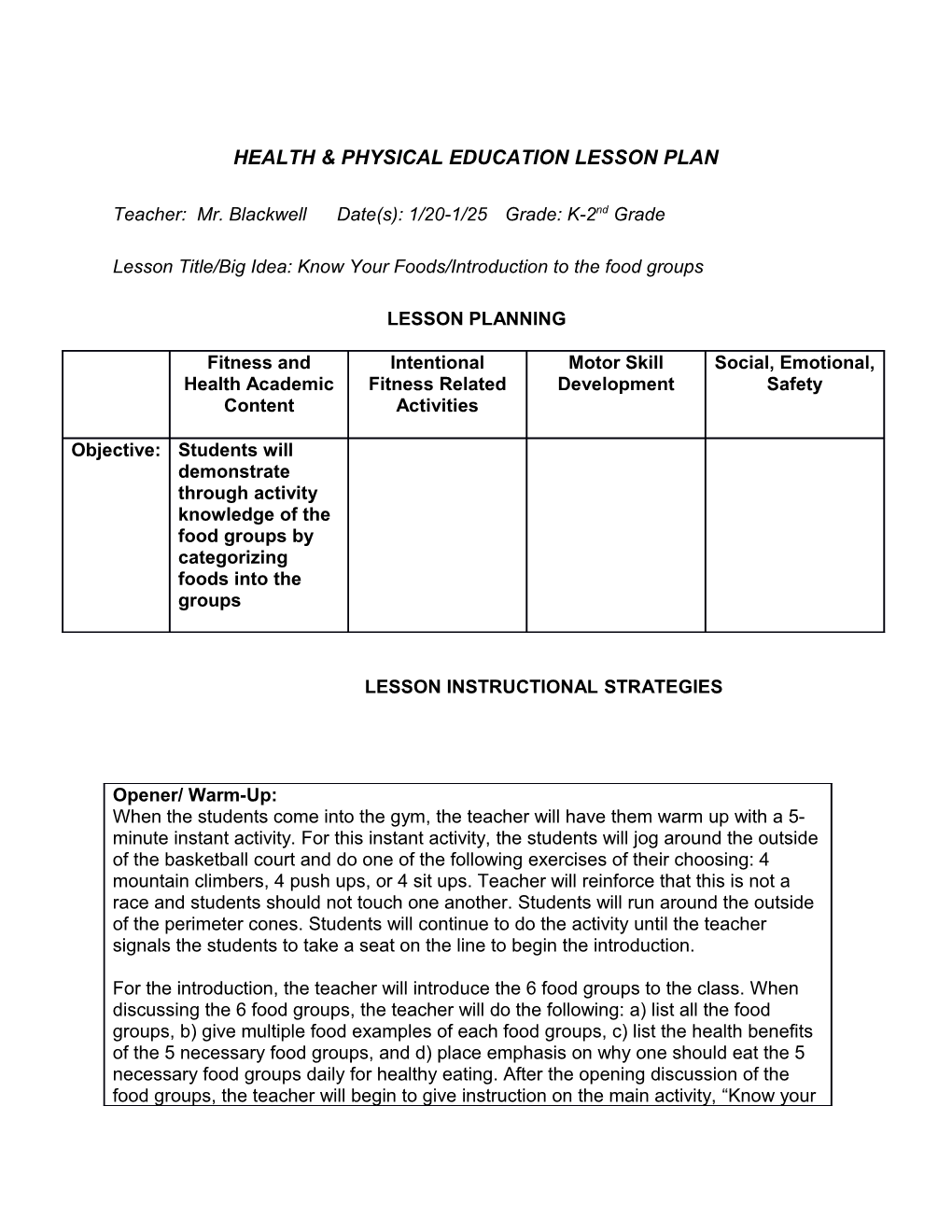 Health & Physical Education Lesson Plan