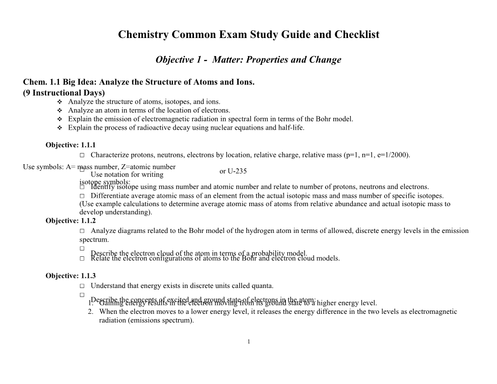 Chemistry Common Exam Study Guide and Checklist