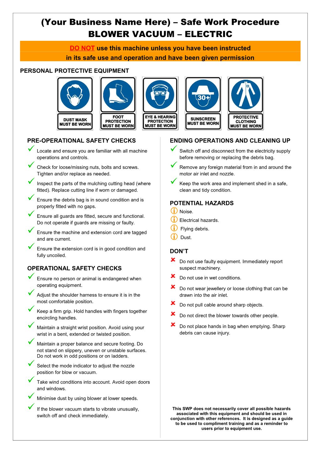 Safety Operating Procedures - Blower Vacuum - Electric