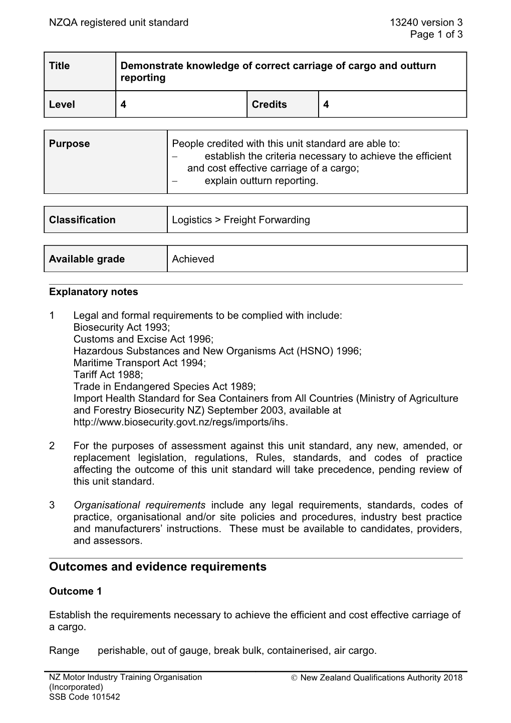 13240 Demonstrate Knowledge of Correct Carriage of Cargo and Outturn Reporting