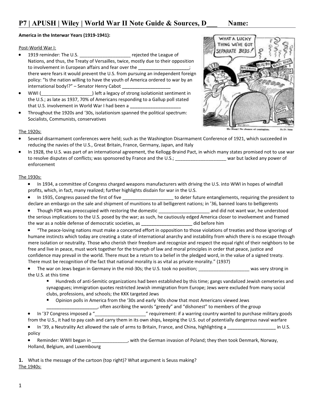 P7 APUSH Wiley World War II Note Guide & Sources, D___ Name