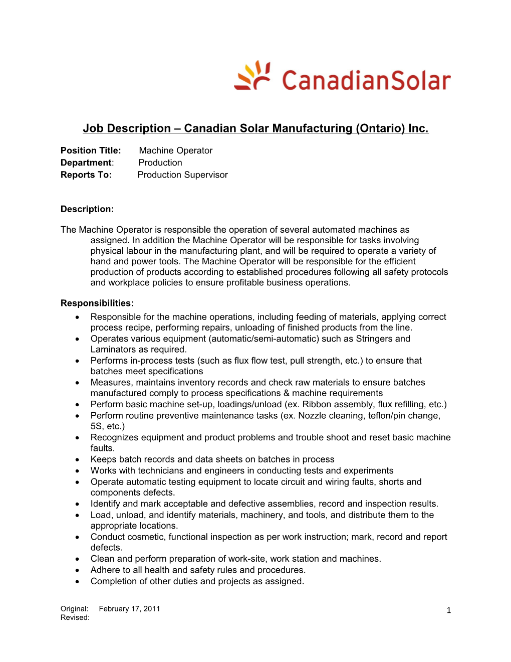Job Description Canadian Solar Manufacturing (Ontario) Inc