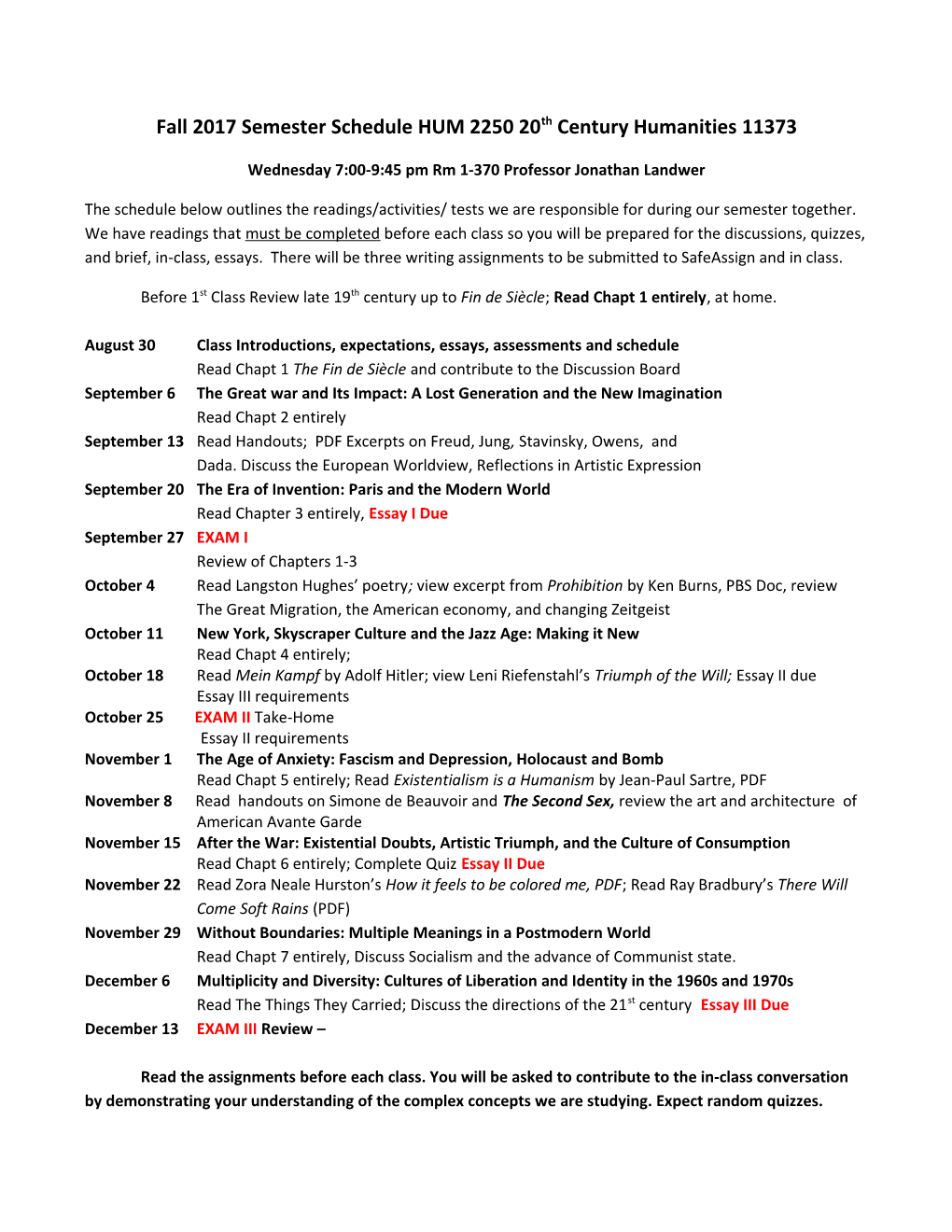 Fall 2017 Semester Schedule HUM 225020Th Century Humanities11373