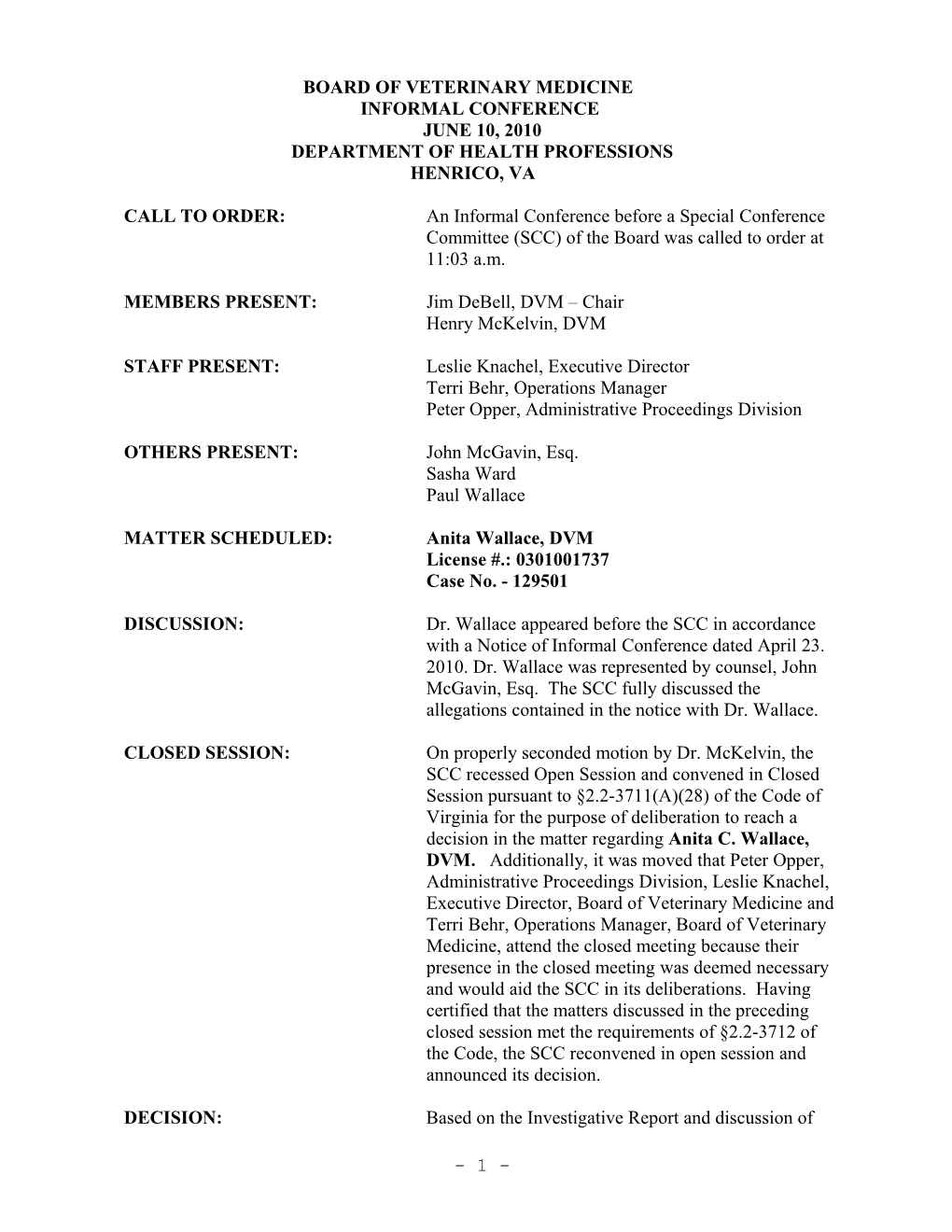 BOARD of VETERINARY MEDICINE Minutes 6-10-2010
