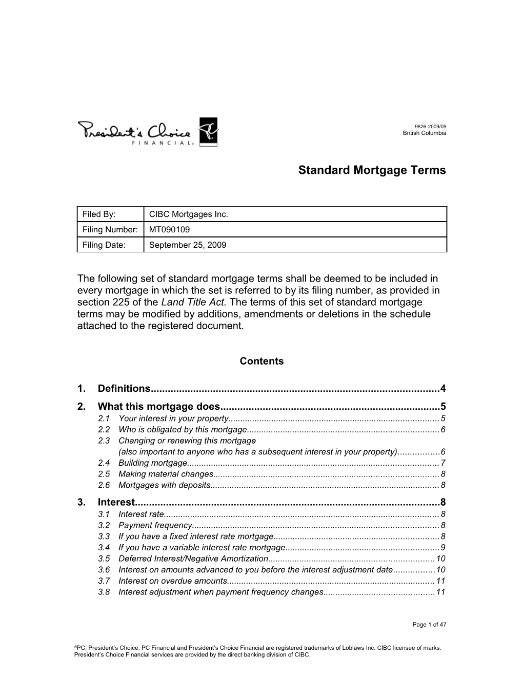 Standard Mortgage Terms (9826 British Columbia-2009/09)