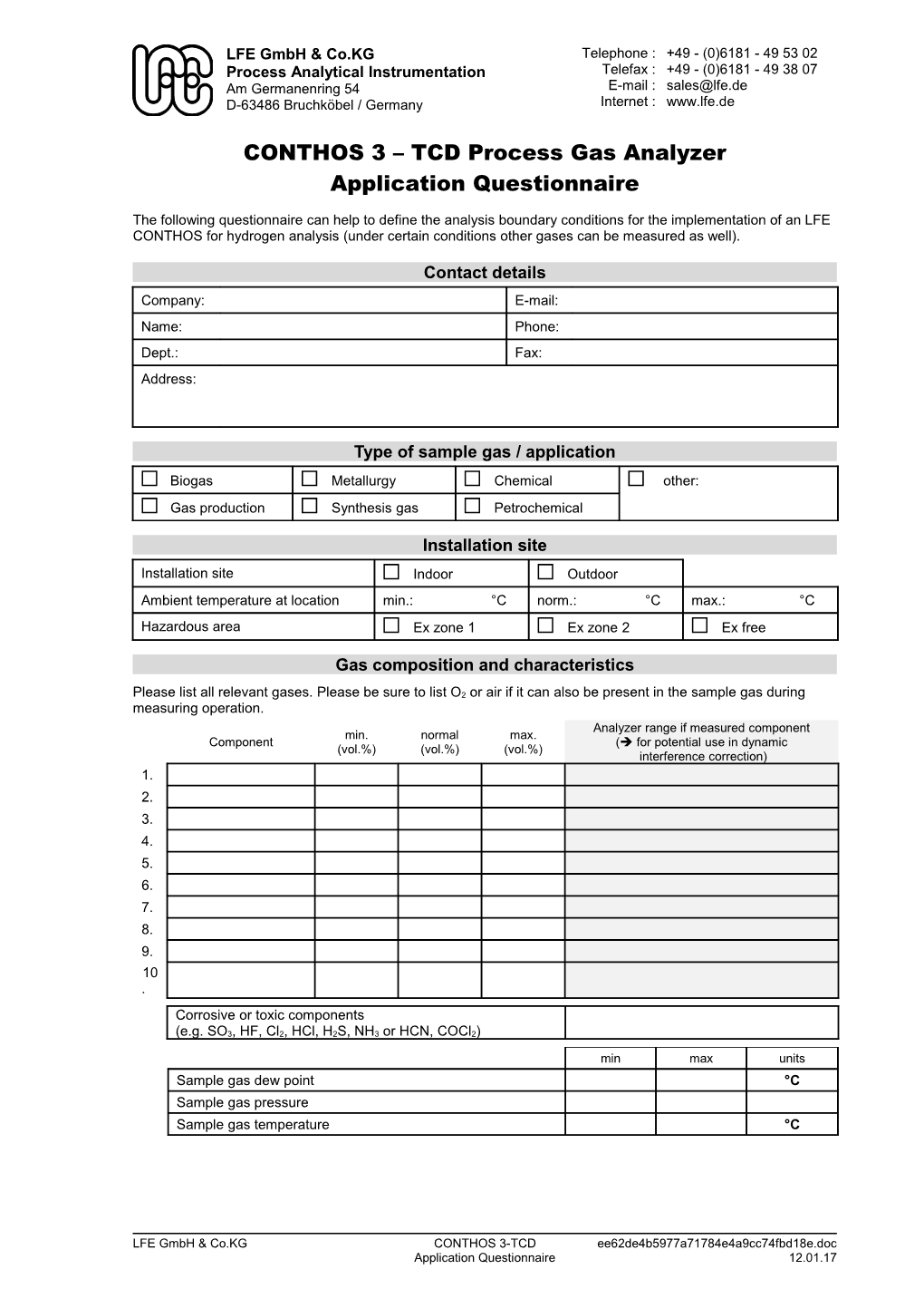 CONTHOS 3 Tcdprocess Gas Analyzer Application Questionnaire