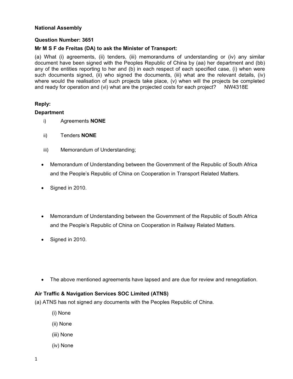 Mr M S F De Freitas (DA) to Ask the Minister of Transport