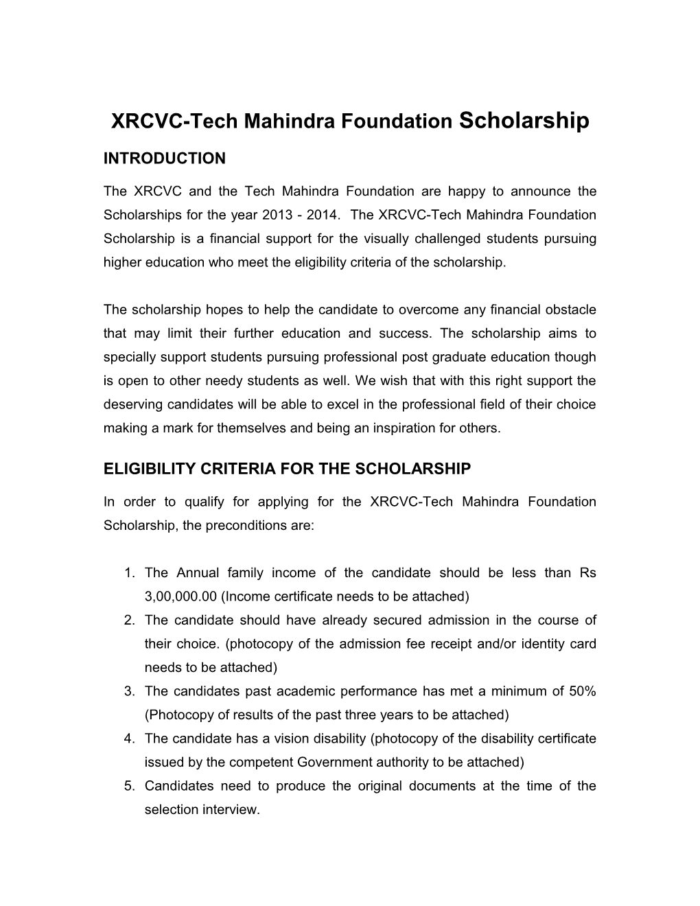 XRCVC-Tech Mahindra Foundation Scholarship