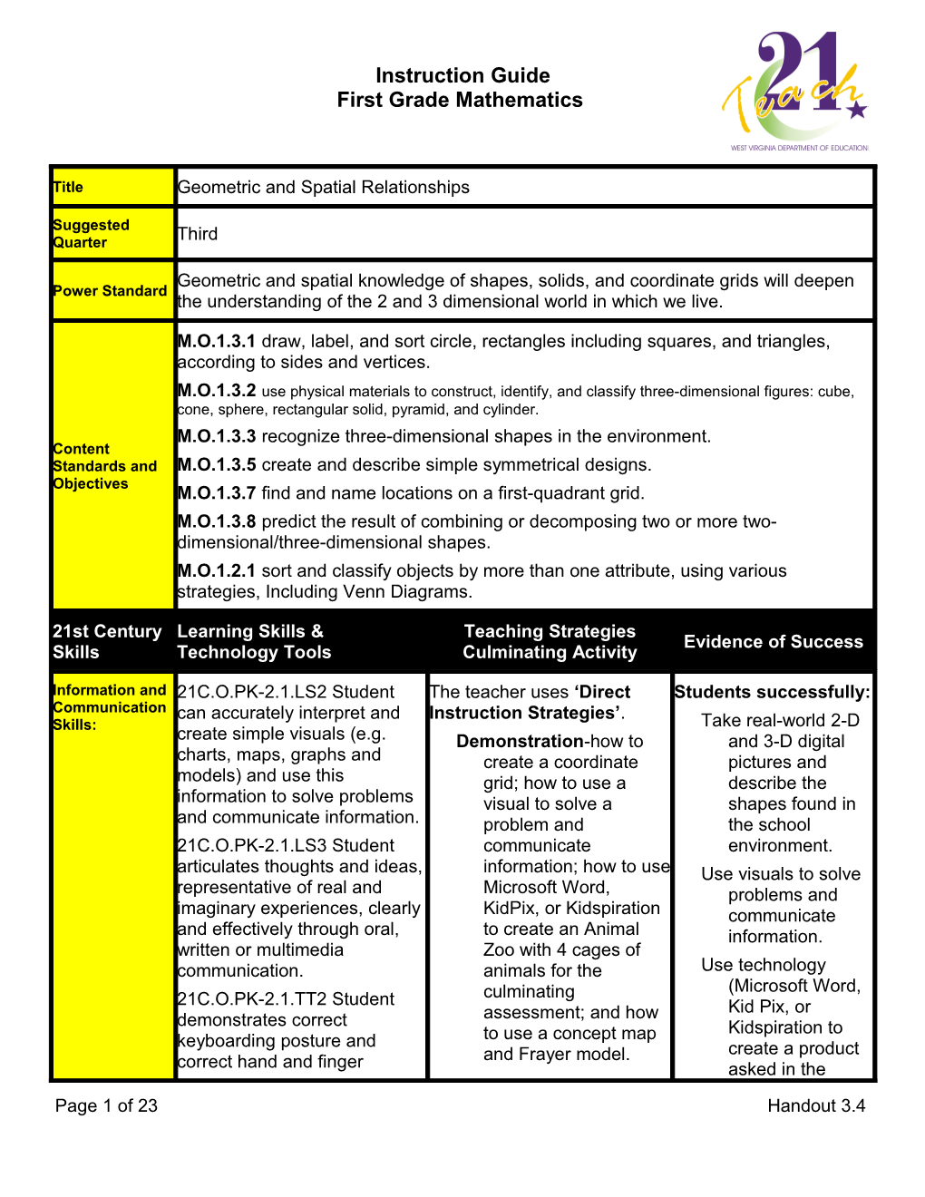 Instruction Guide First Grade Mathematics