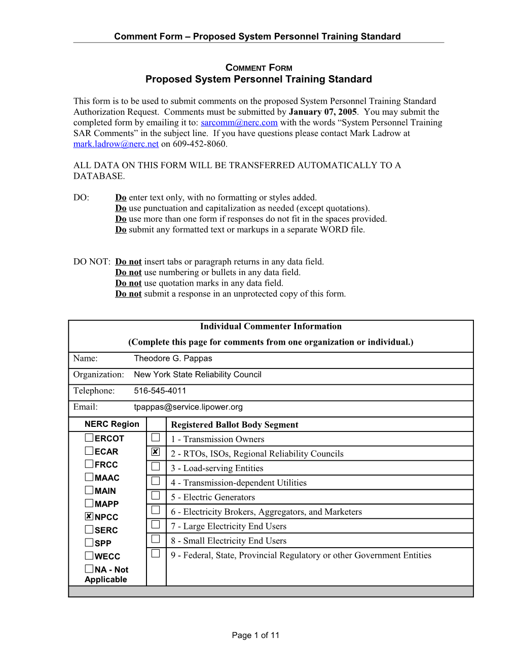 Comment Form Proposed System Personnel Training Standard